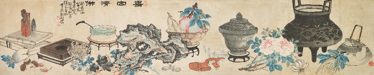 <h2>器皿折枝</h2><p>作者：李道荣</p><p>创作年代：1923年</p><p>规格：34cm×168.5cm</p>品类：纸本水墨设色</p>